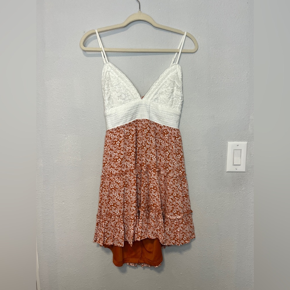 White Crochet Bodice Rust Floral Sundress